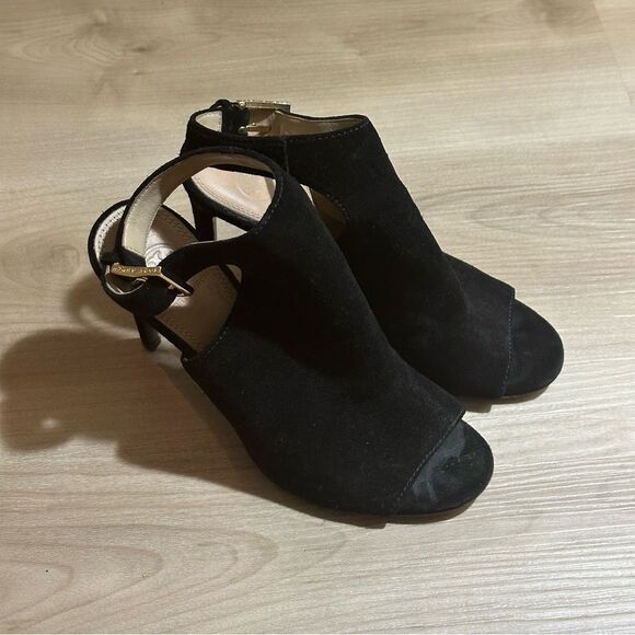 Tory Burch Black Suede Leather Peep Toe Heels Ankle Strap Cutout Stiletto - Picture 4 of 15